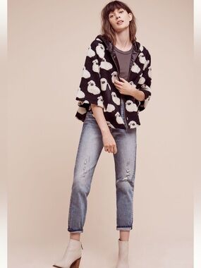 Anthropologie Eva Franco Hooded Lamb Cape Black & Cream Hooded Jacket XS / S